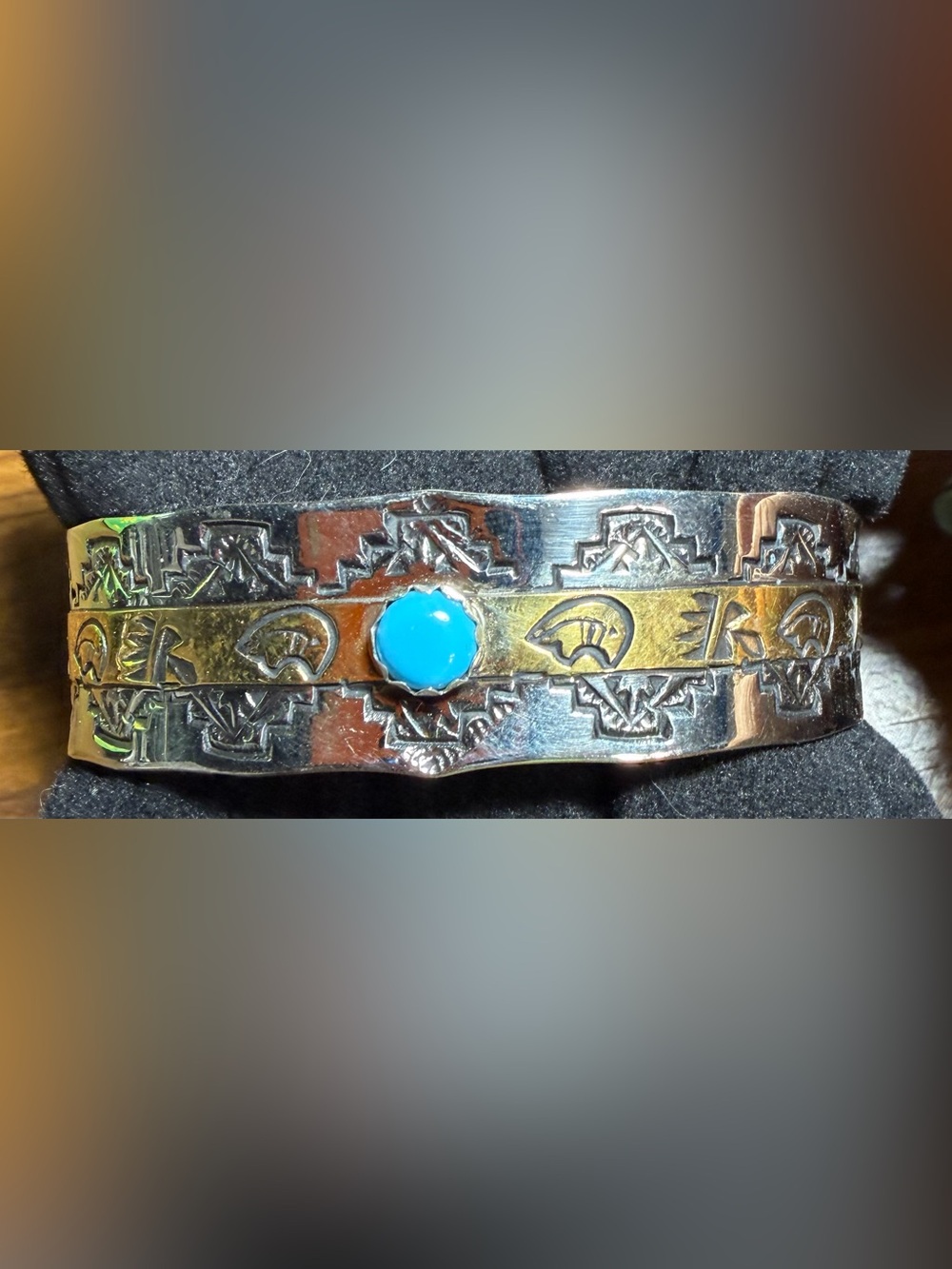 New Handmade MC Feather Signed Southwestern Nickel Silver Brass Turquoise Cuff